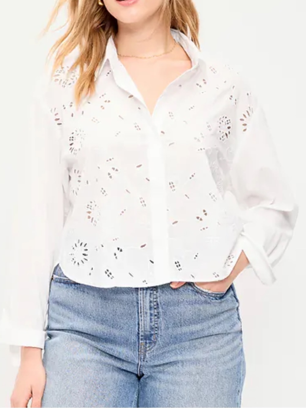 Old Navy Cropped Eyelet Button Down Shirt White NWT